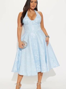 Fashion Nova Light Blue One-Shoulder Floral Midi Dress